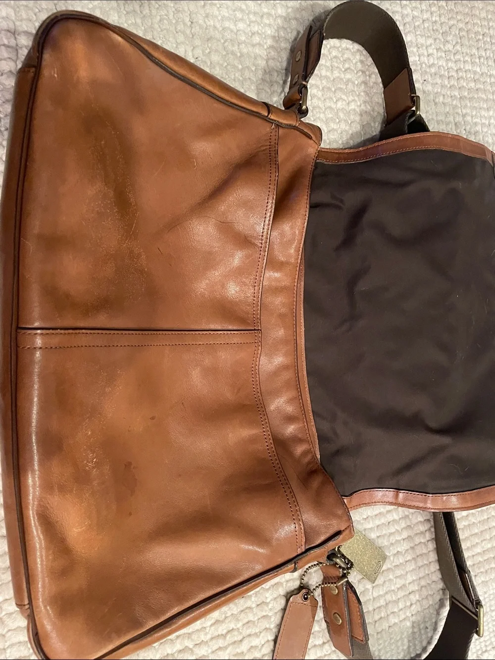 Coach Tan Brown Leather Messenger Bag with Dark Brown Strap
